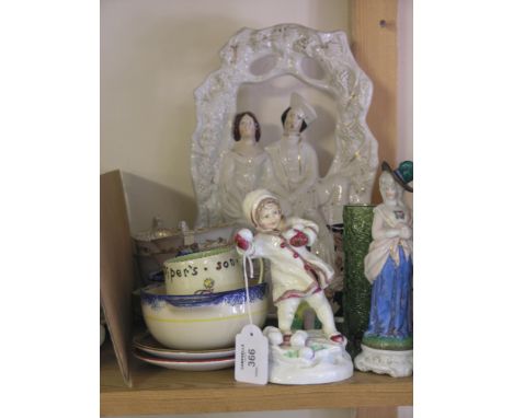 A Victorian Staffordshire portrait figure group, 14in., Victorian bone china cottage pastille burner, other Victorian and lat