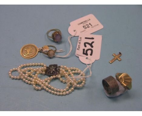 A gentleman's 9ct. gold signet ring, three other rings, pearl-type three-strand bracelet with silver clasp and three gold pen