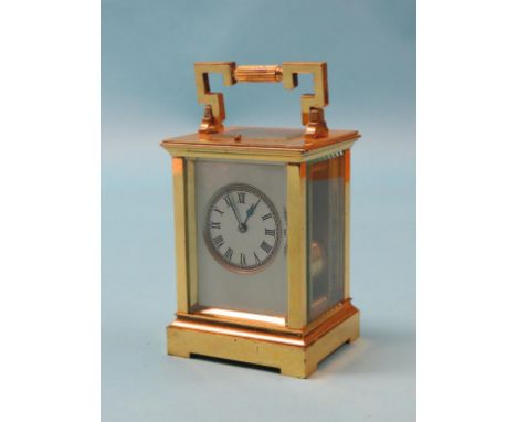 A large French brass repeating carriage clock, with silvered dial, hour-repeating on a gong, 7.25in.