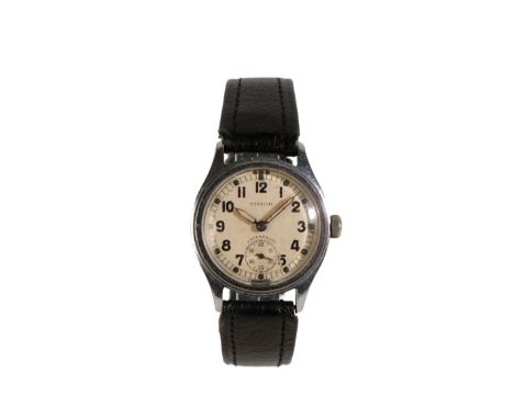 TIMOR GENTLEMAN'S STAINLESS STEEL MILITARY WRIST WATCH  with manual wind movement, white dial, black Arabic numerals, subsidi