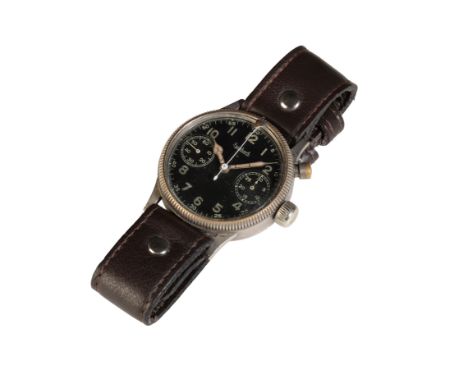 WWII HANHART LUFTWAFFE GENTLEMAN'S NICKLE PLATED CHRONOGRAPH WRIST WATCH  with manual wind movement, black dial, double subsi