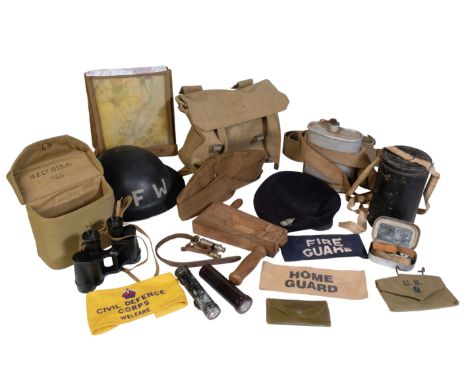 COLLECTION OF ARP INSIGNIA, EQUIPMENT FIRE WARDENS HELMET AND ARMY EQUIPMENT  Rattle marked ARP, Fire Wardens Helmet with lin