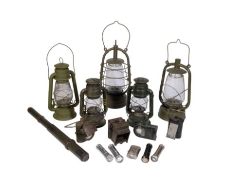 COLLECTION OF MILITARY STYLE LANTERNS AND TORCHES  Five Oil Lanterns painted in military green, however no military marks. Fo