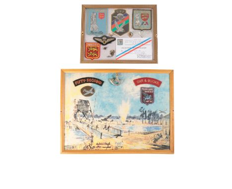 A FRAME CONTAINING COMMEMORATIVE FRENCH PARACHUTE INSIGNIA  Most of the insignia is modern commemorative pieces, however the 
