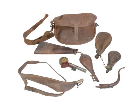 19TH CENTURY HORN AND BROWN LEATHER POWDER FLASK  Provenance: the Estate of the late Rufus Eyre. 