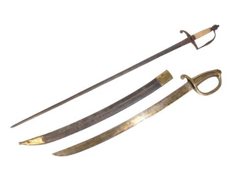 19TH CENTURY FRENCH ARTILLERY SIDE ARM,  curved blade, rib brass hilt, in its original leather and brass scabbard, 56cm long,