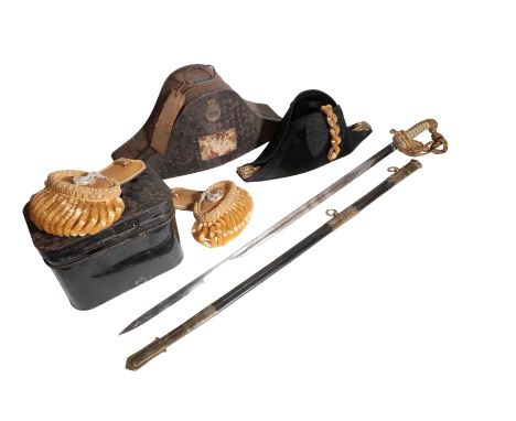 NAVAL OFFICER'S SWORD  in its original brass and leather scabbard, with naval peak hat and naval epaulettes in the original J