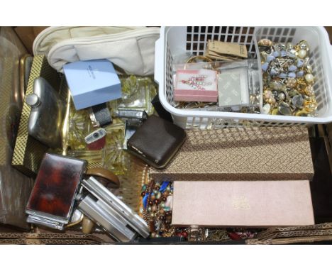 A large box of mixed collectables including costume jewellery, small perpetual calendars, hip flask, dressing table sets, etc