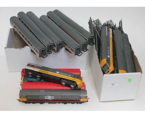 A collection of Hornby model railway locos, coaches and track including four Intercity 125 locos, a green loco 37 130, a Rail