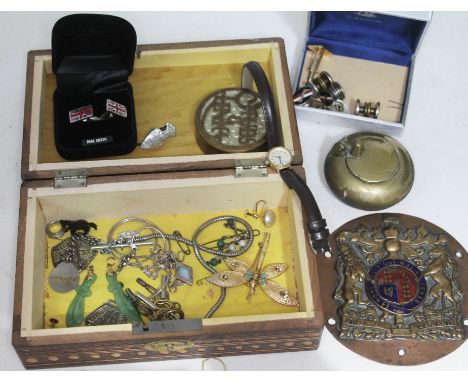 A mixed lot including a military brass plaque, a hallmarked 9ct gold Rotary wristwatch, various vintage costume jewellery etc