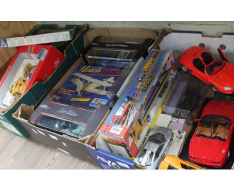 Three boxes of boxed and unboxed model vehicles including Burago, Maisto, Guitoy, Joal Compact Daf 95 truck, and others. 