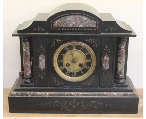 A late Victorian black set and marble architectural mantle clock, length 37.5cm. 