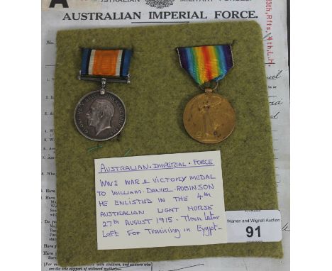 Australian Imperial Force WWI pair awarded to William Daniel Robinson Australian Light Horse 27th August 1915, both stamped 1