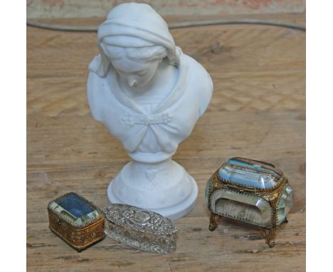 A mixed lot comprising a parian ware figure by Hewitt and Leadbetter, two souvenir trinket boxes and a hallmarked silver topp