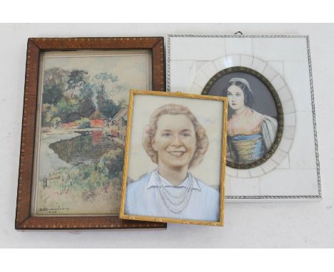 Two portrait miniatures and a miniature landscape watercolour.  