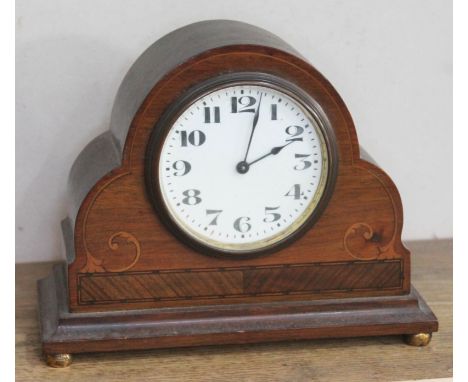 An Edwardian inlaid mahogany mantle clock, 16.5cm.Condition: minor wear to case throughout, inlay ok, dial clean, not current