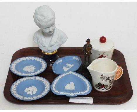 A mixed lot including four Wedgwood Jaspeware dishes, two Goebel pots, a parian ware bust and acold painted spelter figure on