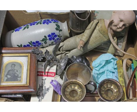 A box of mixed antiques and collectables including a bisque headed doll marked 'GB', a miners lamp - The Protector Lamp &amp;