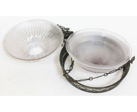 A Holophane pressed glass light shade comprised as two parts and single metal fitting.  