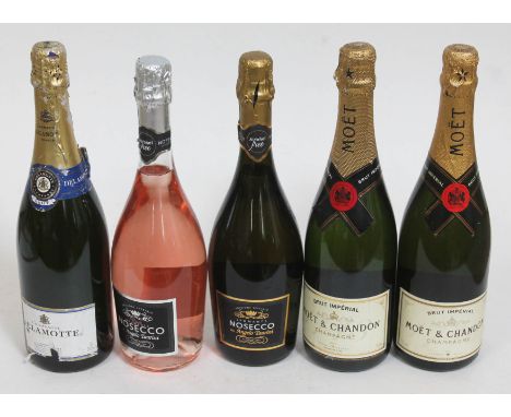 Five bottles of sparkling wine including Moet &amp; Chandon champagne etc.  