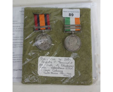 Victoria and Edward VII South Africa pair awarded to 2084 private P Tennick Duke of Edinburgh's Own Volunteer Rifles, Cape Co