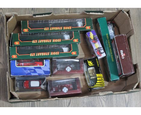 A box with 11 various boxed model vehicles including Corgi Eddie Stobart trucks, Lledo, Solido, etc. 