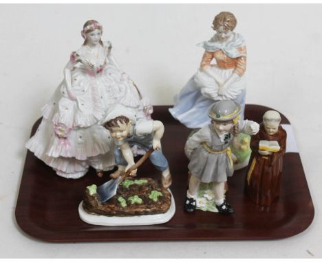 A group of five Royal Worcester figures comprising a monk candle snuffer, "Katie's Day", "Saturday's Child Works Hard For a L