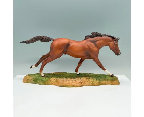 Depicts a thoroughbred horse with a majestic brown coat and dark mane, gracefully striding across the field. Boehm backstamp.