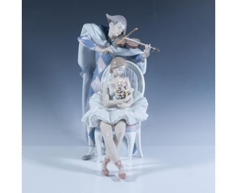 A glossy figure depicting a joker playing the violin for a ballerina sitting in a chair holding a bouquet of colorful flowers