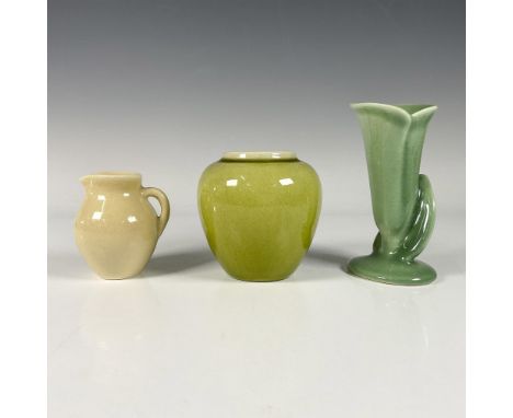 Includes 6769: a small glossy white beige pitcher, 1321E: glossy green glaze vessel, and 6591: calla lily and leaf shaped ves