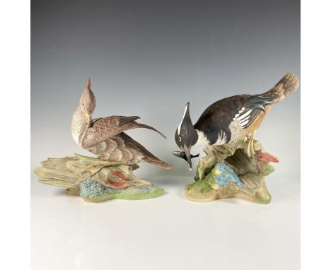 Two hand painted bisque porcelain sculptures of a male duck holding a fish in its beak and a female duck cleaning her feather