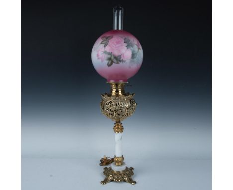 Gorgeous brass metal engraved center globe with marble column and brass footed base (21"H). Satin glass hand painted rose des