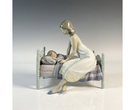 Glossy figure of mother and child at bedtime. Lladro backstamp. This item has its original box: 11"L x 13"W x 11"H. Artist: J