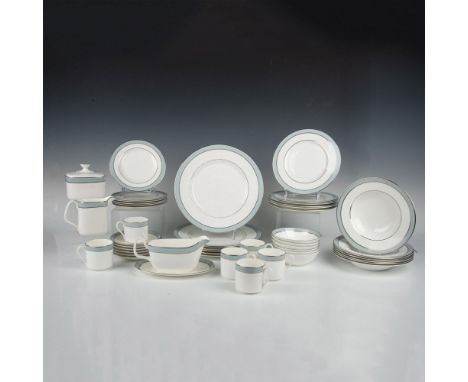 Forty six tableware items in white with a pale blue and white floral border and silver rims. Royal Doulton backstamp. Six din