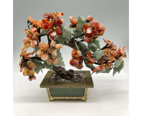 Lovely, natural look tree created with jade and agate red chrysanthemum set in brass pot with jade side panels and gemstone c