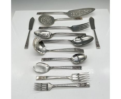 Metal engraved banded handle with floral design. Lot includes - slotted pie server 11", pierced bonbon server 8", serving for