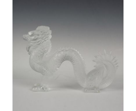 A clear and frosted figure of a Japanese dragon. Excellent carved details on the scales and the hair. Lalique France acid-etc
