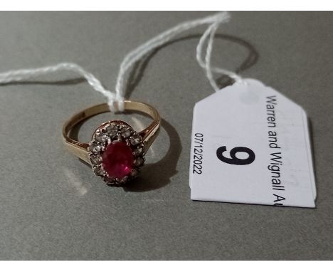 A hallmarked 9ct gold synthetic ruby cluster ring, gross wt. 2.3g, size M. 