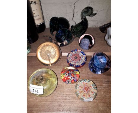 A selection of ten paperweights to include Whitefriars duck, Wedgwood elephant and snail, 3 millefiori, Caithness, etc. 