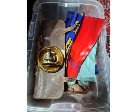 A box of mainly Masonic regalia and also including a novelty nut cracker modelled as a ship's wheel. 