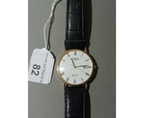 A gents 9ct yellow gold cased Rotary Elite wristwatch, the dial having Roman numerals denoting hours, with date subsidiary at