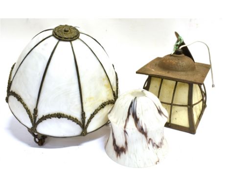 AN EDWARDIAN METAL AND OPAQUE GLASS CEILING LIGHT  30cm diameter, a metal Arts &amp; Crafts style hanging light and an opaque