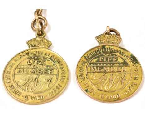 TWO 9CT GOLD NATIONAL AGRICULTURE AND INDUSTRIAL ASSOC LIFE MEMBERS MEDALS Weight to include metal jump ring, 7 link chain an