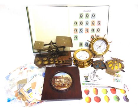 ASSORTED COLLECTABLES  comprising a set of brass letter scales, on a stained oak base (lacking one weight); a Schatz aneroid 