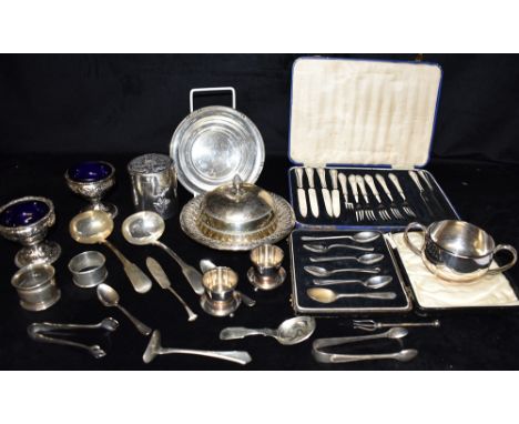 A MISCELLANEOUS COLLECTION OF SILVER, SILVERPLATE, WHITE METALS AND EPNS  To include a cased set of silver teaspoons, weight 