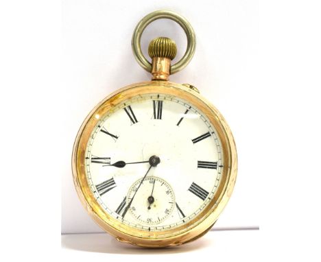 A YELLOW METAL OPEN FACED POCKET WATCH MARKED 14K The white enamel face anonymous with black roman numerals and sub dial, the