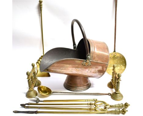 MIXED BRASS AND COPPERWARE  including a copper coal scuttle, set of three fire irons, telescopic toasting fork etc. Condition