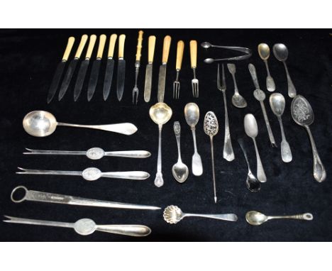 A COLLECTION OF SILVER, EPNS, STAINLESS STEEL FLATWARE To include silver sugar nips and four Irish silver teaspoons