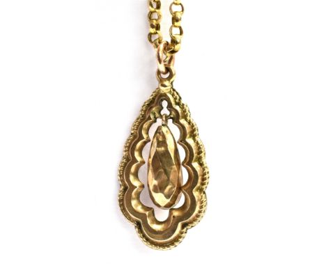 A VINTAGE 9CT GOLD DROP PENDANT AND 9CT GOLD BELCHER CHAIN  Pedant length 2.6cm, chain length 43cm, weight 3.5g.