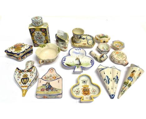 FRENCH FAIENCE: A MIXED COLLECTION  including wall pockets, caddy, character jug, trefoil pin dishes etc. Condition Report : 